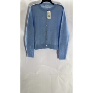 MANGO Women's Sky Blue Lurex Knit Button-Up Crewneck Cardigan SZ L